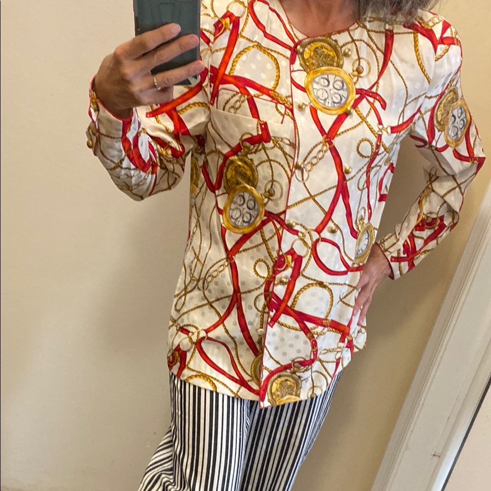 Francesca of Damon Vintage 80s Swiss Dots Equestrian Silk Print top - Picture 2 of 12
